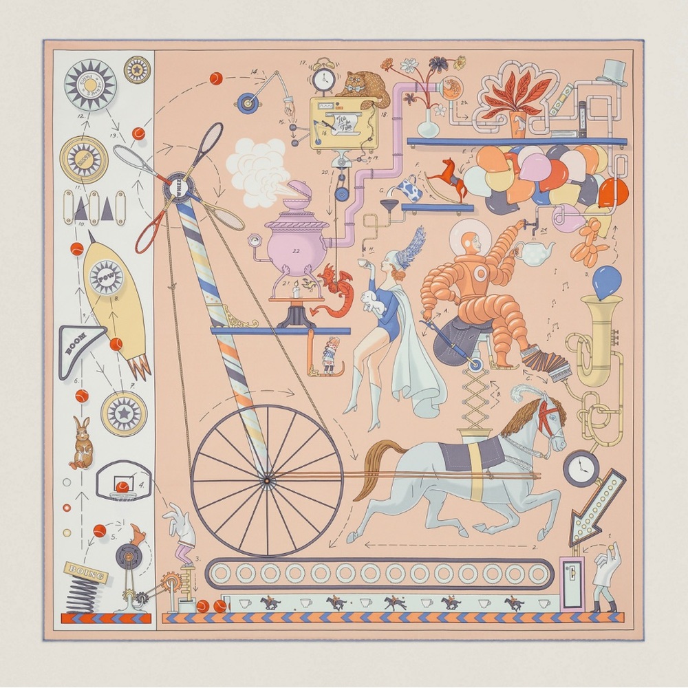 ❌ SOLD ❌ Hermès ‘Tea for Two’ Scarf 90 ROSE POUDRÉ / BLANC / BLEU
